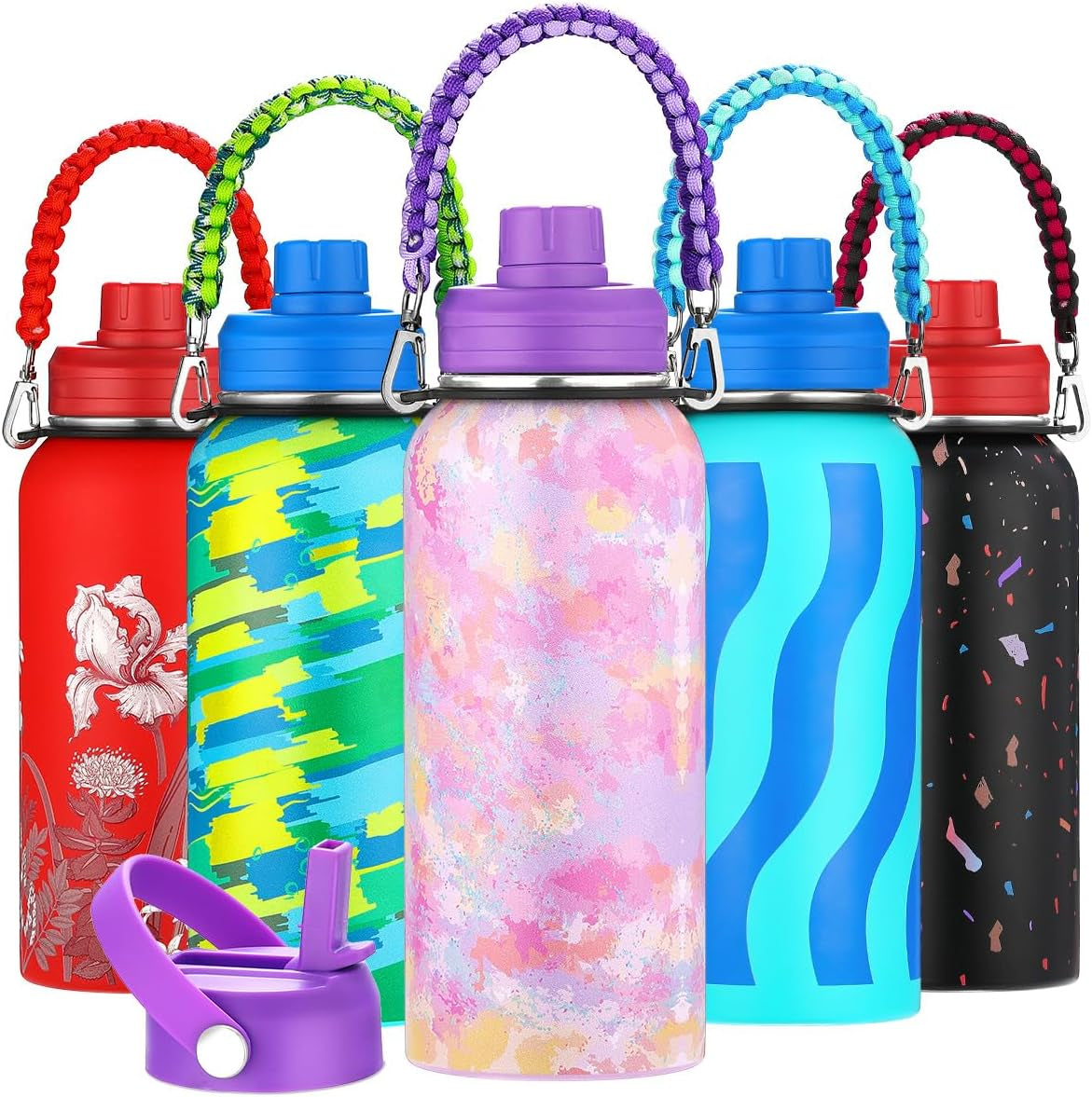 Personalized Insulated Water Bottle with Paracord Handle Straw Lid & Spout Lid, Vacuum Stainless Steel Wide Mouth Water Bottle for Adults 24 Oz, 32 Oz, 40 Oz