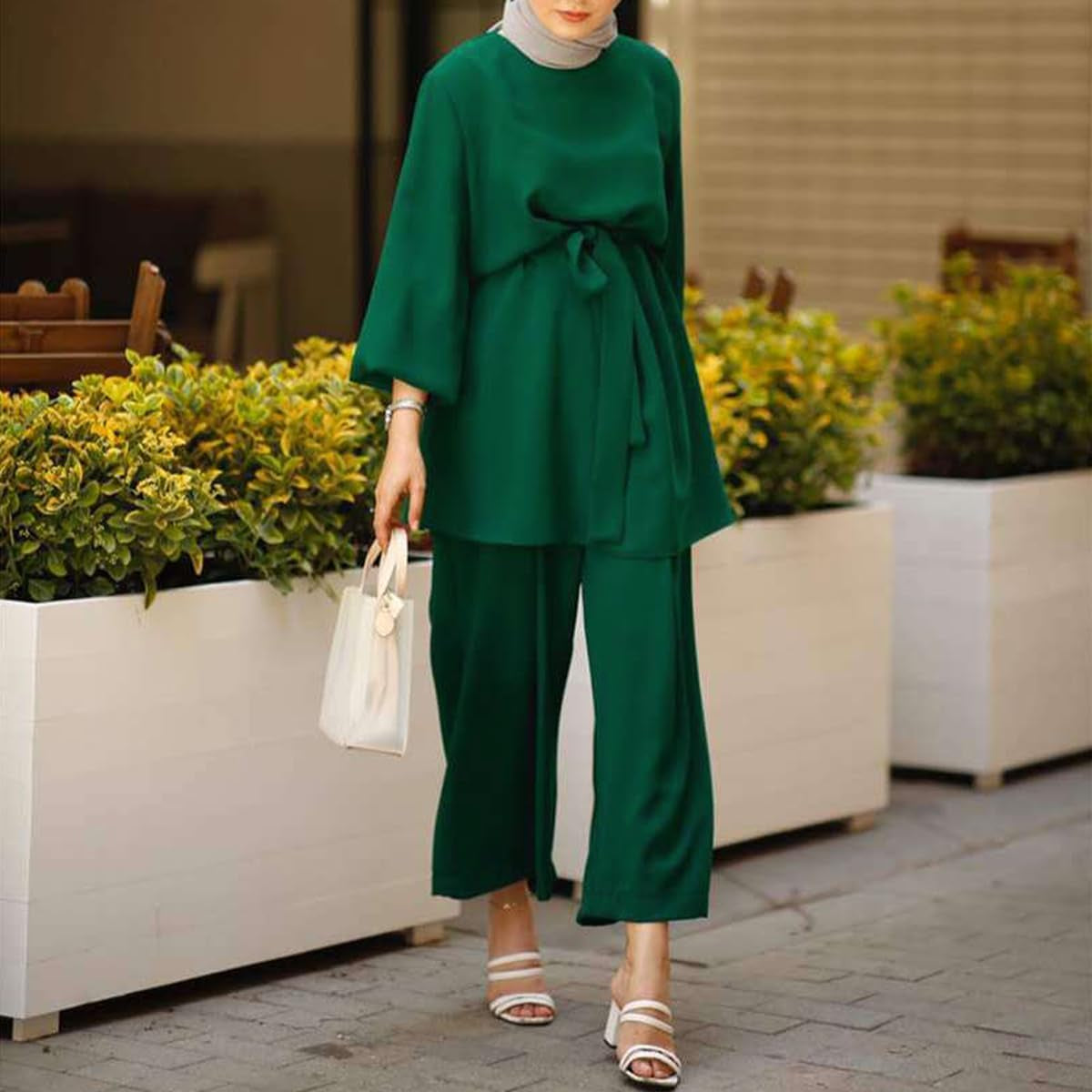 Abayas for Women Muslim Long Sleeve Loose Top Pants 2 Pcs Eid Ramadan Outfits Casual Islamic Muslim Clothes with Belt