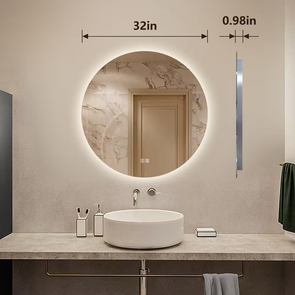 32 In. W X 32 In. H round Frameless LED Light with 3-Color and Anti-Fog Wall Mounted Bathroom Vanity Mirror