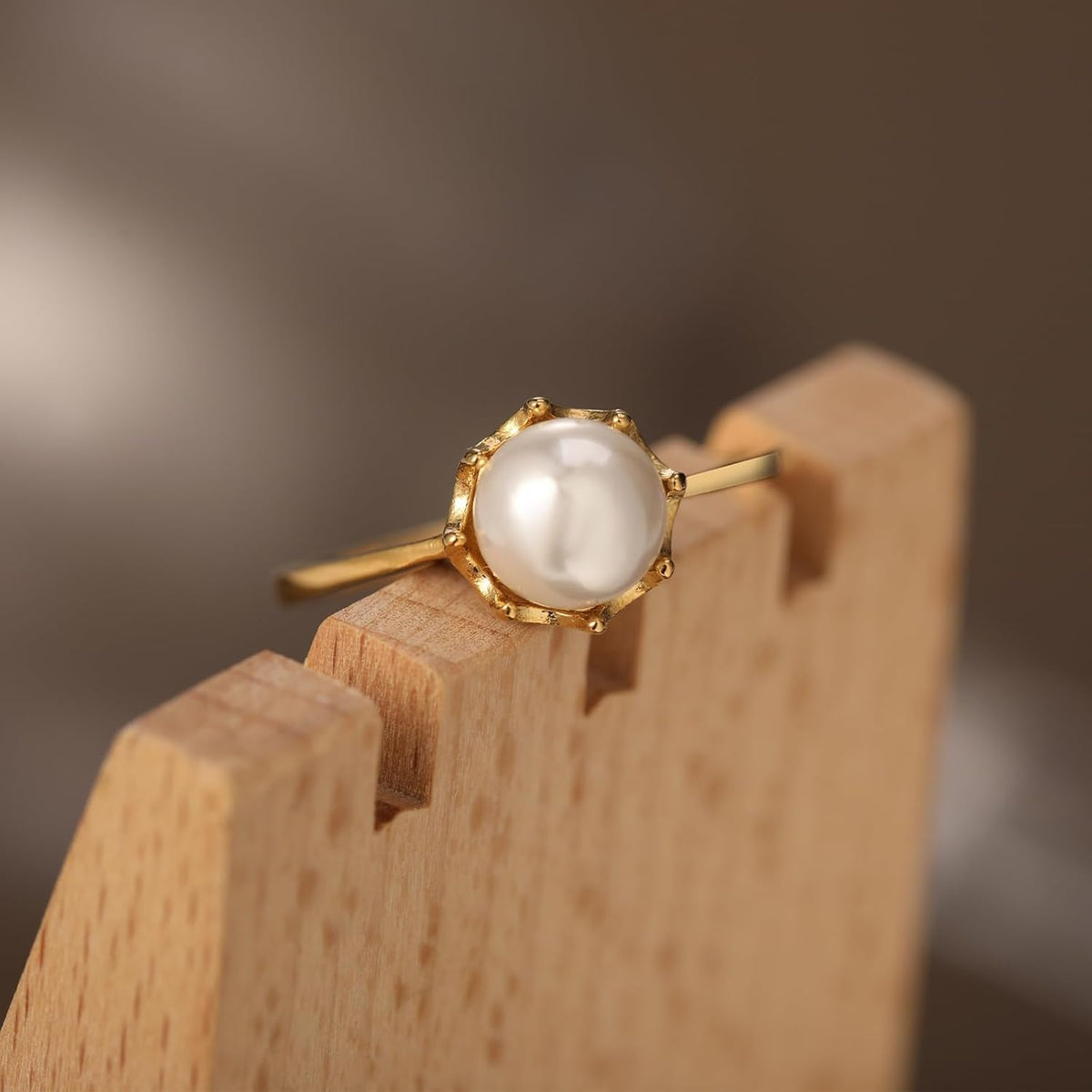 Pearl Ring for Women, 18K Gold Plated Womens Gold Rings for Bride Wedding Engagement Band Birthday Gold Rings Size 5 to 9