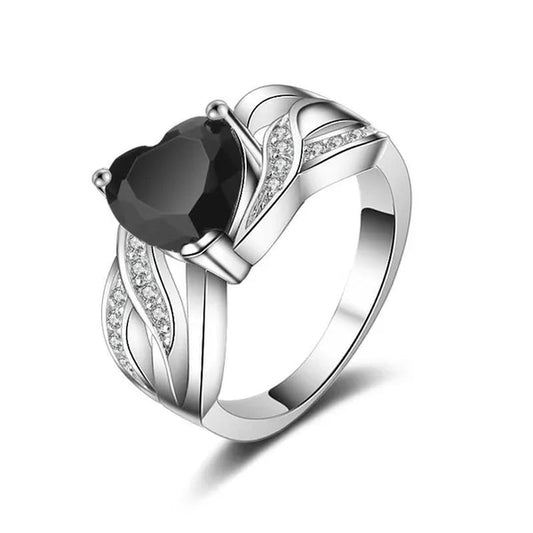 Silver Natural Gemstones Black Sapphire Heart Ring Wedding Bride Engagement Band Charm Mum Ring Jewelry Valentine's Day Gifts Christmas Gift