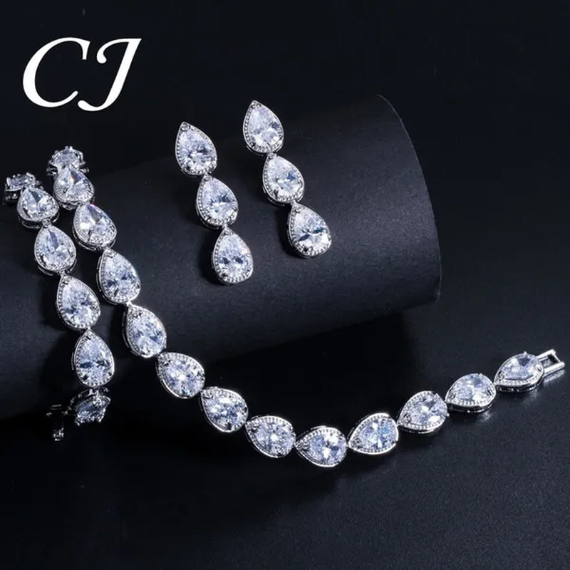 CANDICE Classic Zirconia Wedding Jewelry Sets For Bridal Luxury Teardrop CZ Stone White Gold Plated Party Chocker Necklace Earrings and Bracelet Set