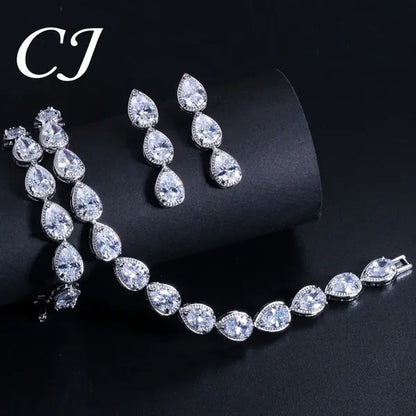 CANDICE Classic Zirconia Wedding Jewelry Sets For Bridal Luxury Teardrop CZ Stone White Gold Plated Party Chocker Necklace Earrings and Bracelet Set