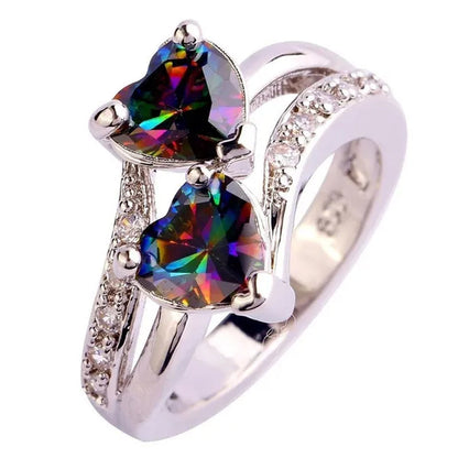 Exquisite 925 Sterling Silver Double Love Heart Rings Natural Sapphire Gemstones Crystal Diamond Wedding Engagement Ring Jewelry Accessories