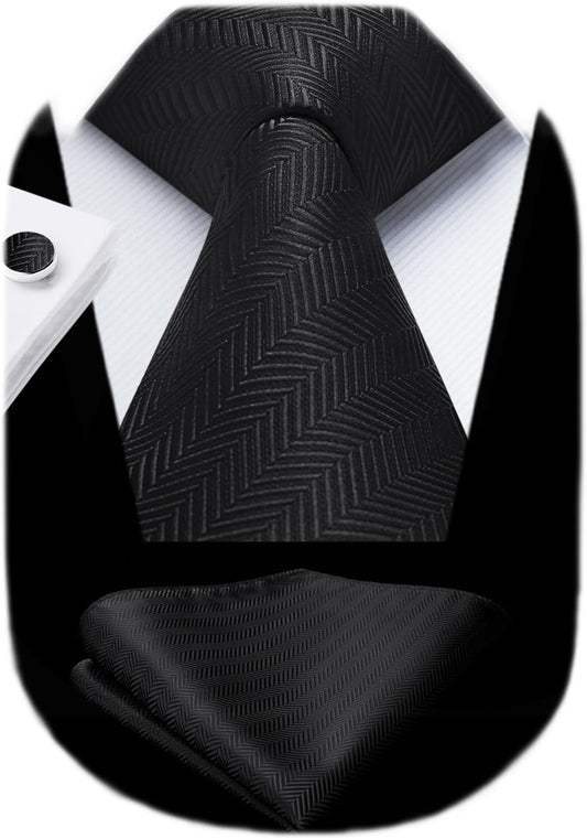 Mens Solid Ties Formal Business Woven Tie and Pocket Square Cufflinks Set Classic Silk Satin Necktie Wedding