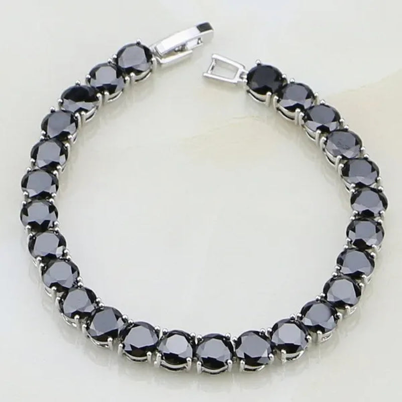 925 Sterling Silver Jewelry Black Sapphire White Topaz round Link Chain Bracelet 7 Inch for Women Wedding Free Gift Box