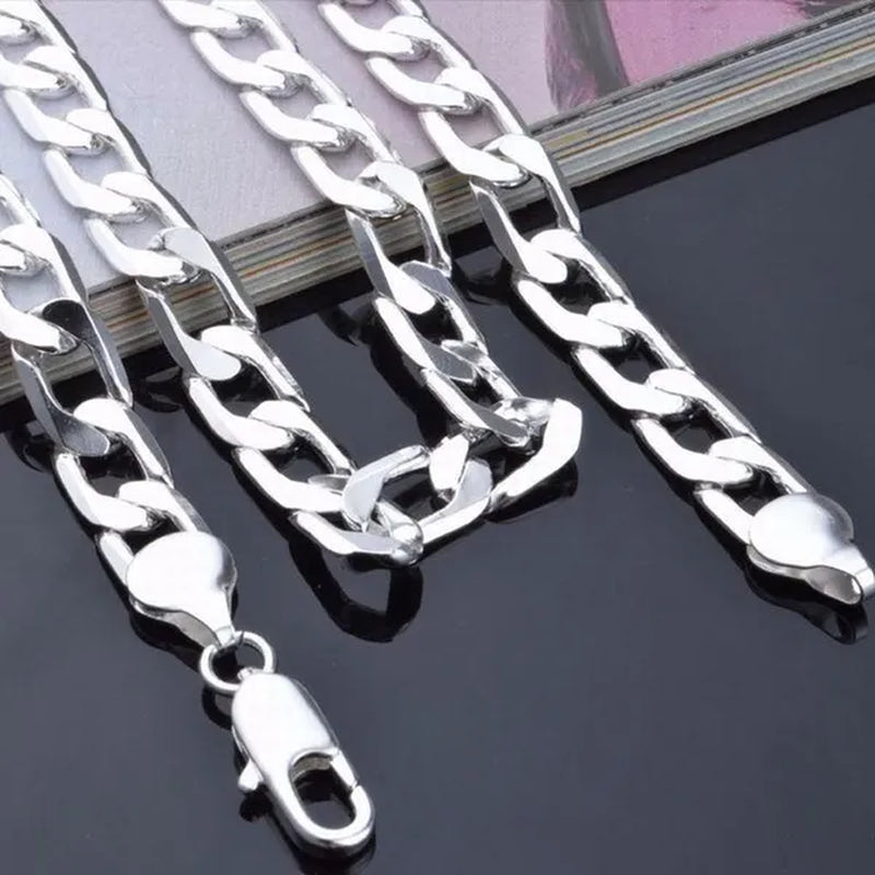 2PCS (Bracelet + Necklace) 925 Sterling Silver Women Men Fashion Jewelry Set Curb Chain Necklace Bracelet 925 Silver Jewelry High Quality Necklace Bracelet 16-30 Inches