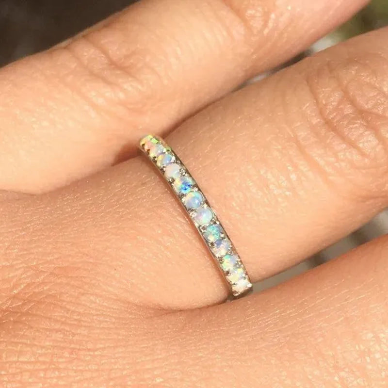 Women's Fashion Exquisite 925 Sterling Silver Natural White Opal Eternity Diamond Ring Elegant Female Birthday Party Jewelry Romantic Princess Proposal Engagement Anniversary Gift Stackable Rings for Women Bride Wedding Band Size 4-12 Bague Femme