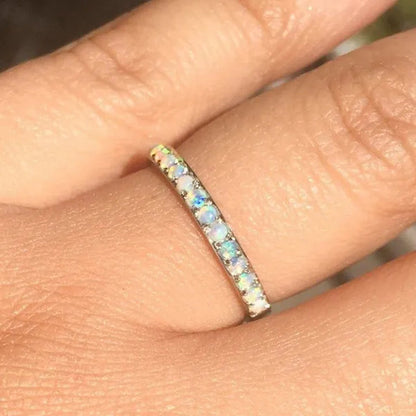 Women's Fashion Exquisite 925 Sterling Silver Natural White Opal Eternity Diamond Ring Elegant Female Birthday Party Jewelry Romantic Princess Proposal Engagement Anniversary Gift Stackable Rings for Women Bride Wedding Band Size 4-12 Bague Femme