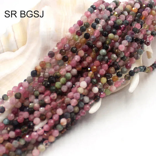 3mm Round Faceted Mixed Tourmaline Natural Gemstone Bail Spacer  Beads Strand 15"
