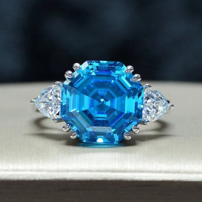 2022 New Style Octagon Cut Sea Blue Sapphire Side Stone Lab Diamond Silver Plated Gemstone Rings for Women Aquamarine Ring