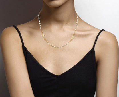 18K Gold over 925 Sterling Silver Handmade Italian White Freshwater Pearl Ball Beaded Sideways Rosary Cross Necklace for Women, Made in Italy