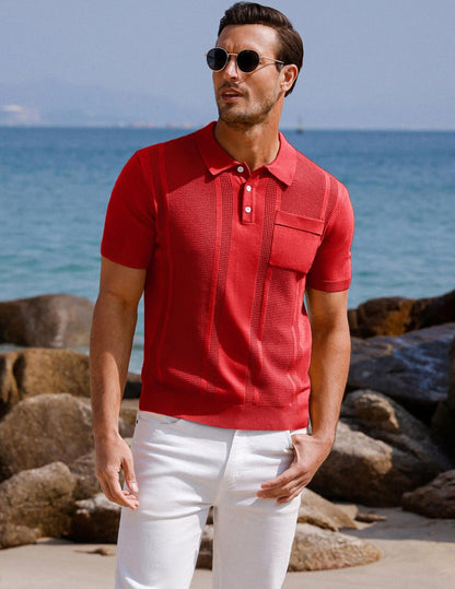 Men'S Knit Polo Shirts Short Sleeve Texture Lightweight Golf Shirts Sweater