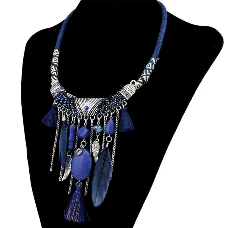 Bohemian Fashion Silver Plated Leather Chain Resin Beads Natrual Stone Feather Tassel Necklace Jewelry
