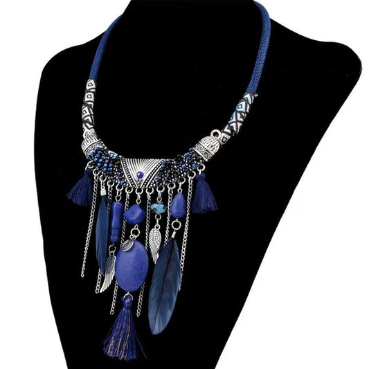 Bohemian Fashion Silver Plated Leather Chain Resin Beads Natrual Stone Feather Tassel Necklace Jewelry