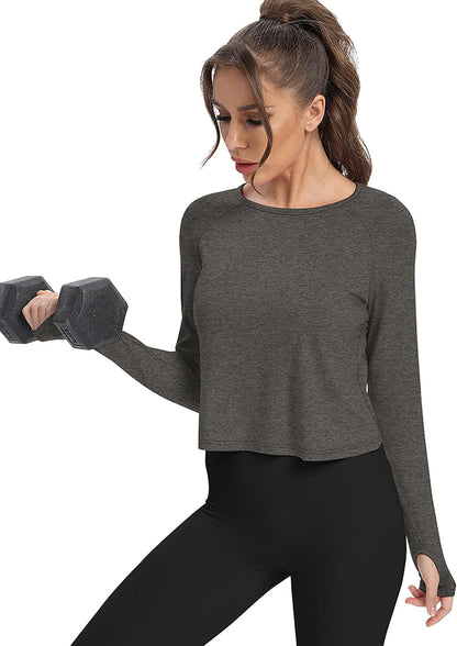 Long Sleeve Athletic Workout Shirts Sports Yoga Gym Crop Tops for Women