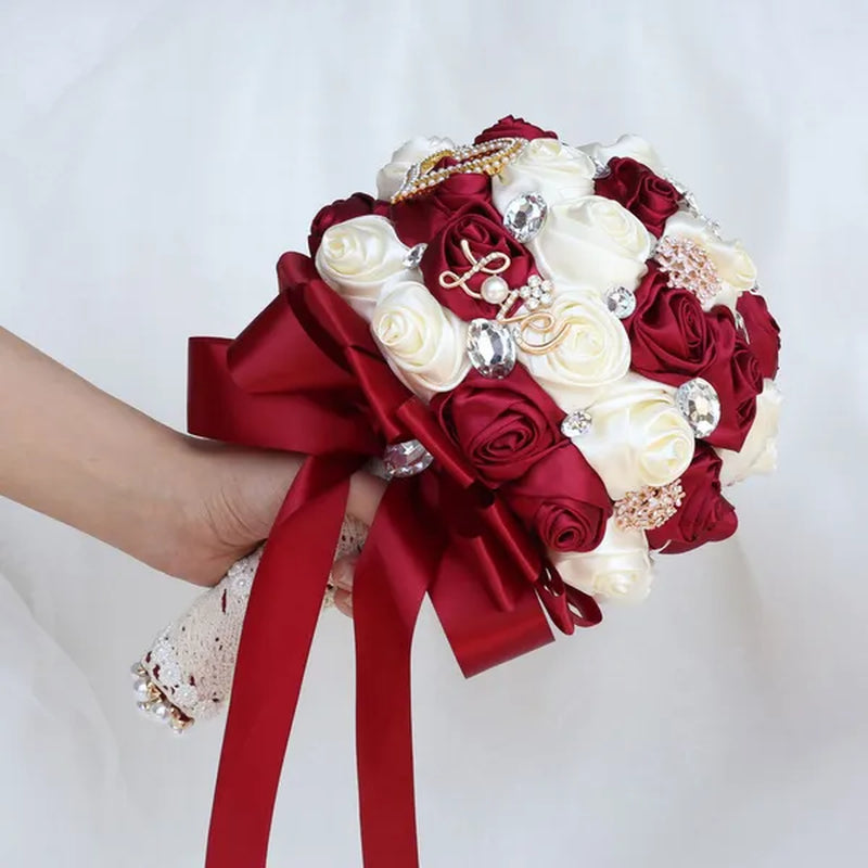 20CM Simulation Silk Rose Wedding Bouquet Diamond Pearl Brooch Bridal Bouquets Romantic Bridesmaid Holding Flowers