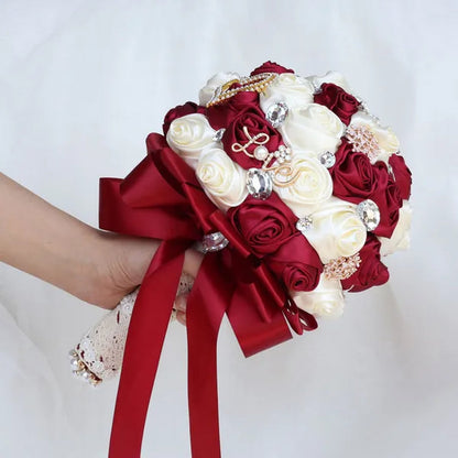 20CM Simulation Silk Rose Wedding Bouquet Diamond Pearl Brooch Bridal Bouquets Romantic Bridesmaid Holding Flowers