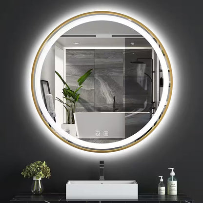 30 In. W X 30 In. H round Aluminum Framed LED Light with 3-Color and Anti-Fog Wall Mount Bathroom Vanity Mirror in Gold
