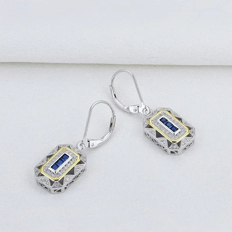 Retro 925 Sterling Silver Blue Sapphire Gemstone Newshe Drop Dangle Earrings Art Deco-style White Cubic Zirconia Leverback Earrings CZ Charm Woman Jewelry Gift