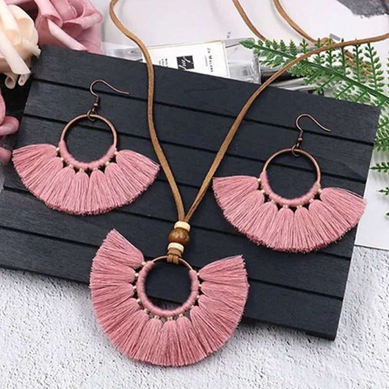 Retro Bohemia Tassel Fan-Shaped Necklace Earrings Set Tassel Jewelry Set Ethnic Big Necklace Beach Wear