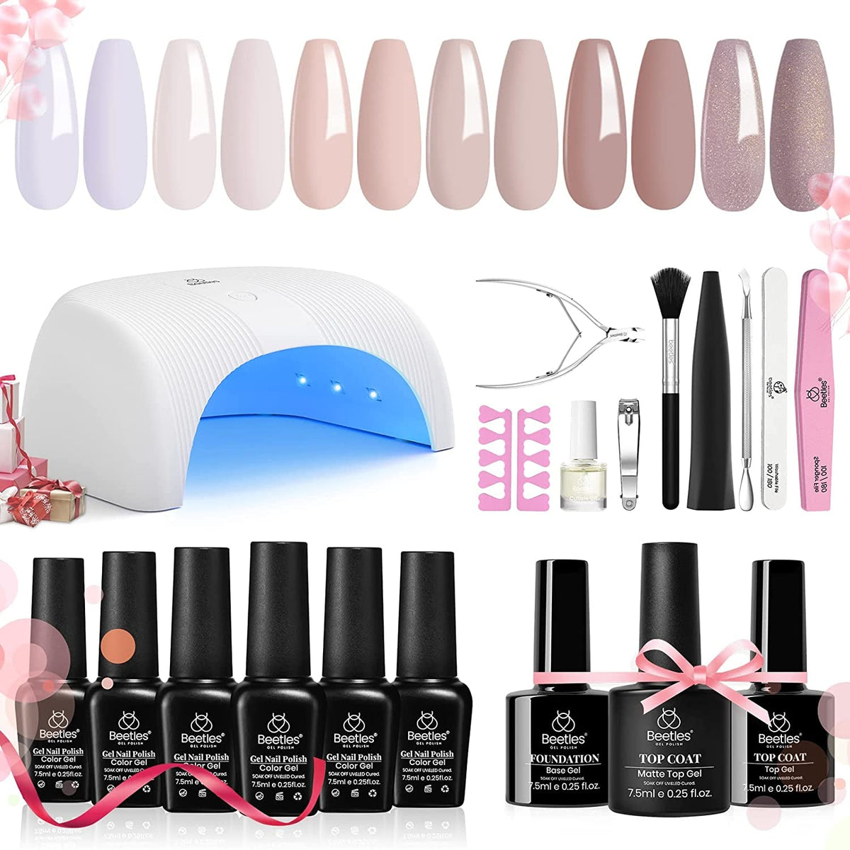 Beetles Purple Burgundy Red Gel Nail Polish Kit with Uv Light 48W LED Nail Lamp Dryer Spring Colors Neutral Gel Polish Starter Kit Peach Pink Manicure Set Soak off Gel Polish Skin Tone Gifts for Women