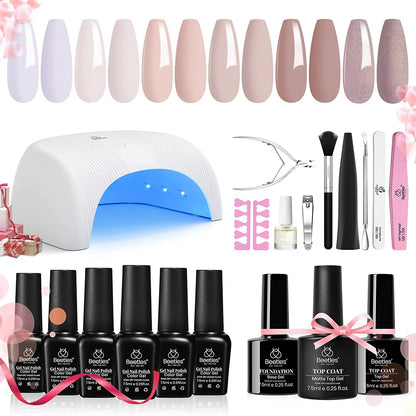 Beetles Purple Burgundy Red Gel Nail Polish Kit with Uv Light 48W LED Nail Lamp Dryer Spring Colors Neutral Gel Polish Starter Kit Peach Pink Manicure Set Soak off Gel Polish Skin Tone Gifts for Women