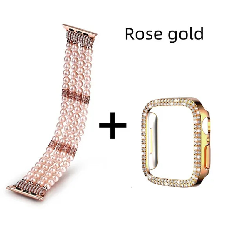 Diamond Case + Pearl Strap for apple watch strap 40mm 44mm 41mm 45mm 38mm 42mm 40mm iWatch series 3 4 5 6 se 7 strap