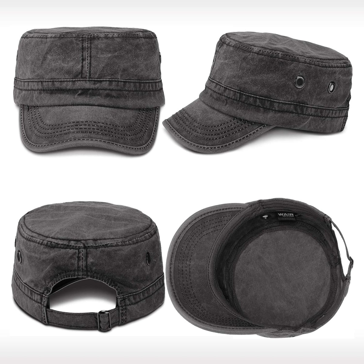 3 Pieces Cadet Army Cotton Caps Washed Military for Flat Top Caps Adjustable Military Style Hat Unisex