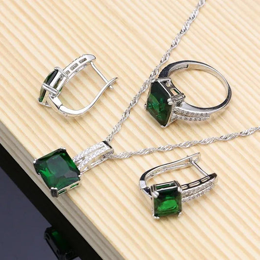 Natural Green Emerald 925 Sterling Silver Jewelry Sets Wedding Women Hoop Earrings/Pendant/Necklace/Ring/Bracelets
