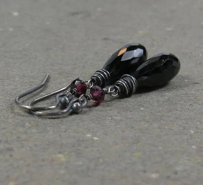 Black Spinel Earrings Pink Tourmaline Long  Earrings