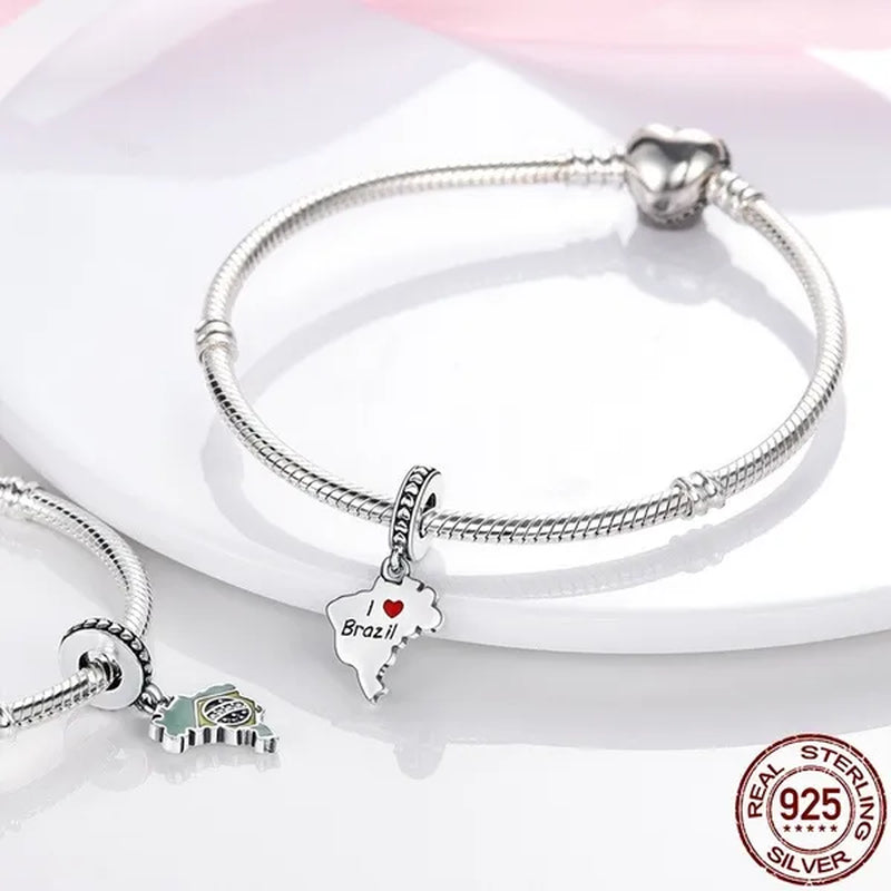 The New 925 Sterling Silver Brazil Map Pendant Charms Fit Original Bracelet Necklace DIY Jewelry