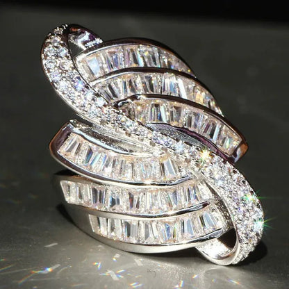 Gorgeous  Silver Natural Gemstones White Sapphire Ring Wedding Birthstone Bride Engagement Multilevel Square Crossing Brand Flower Ring Jewelry Size 6 7 8 9 10