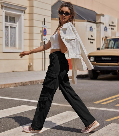 Women Pants High Waisted Cargo Pants Combat Military Wide Leg Casual Trousers 8 Pockets