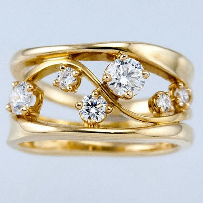 24K Solid Gold 6 Sparkling Diamond Rings Super Bride Engagement Wedding Rings Band Anniversary Birthday Christmas Jewelry Size 5-12