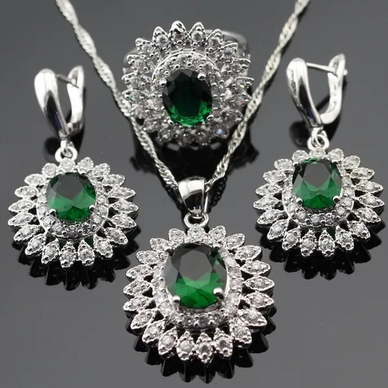 Flower Shaped 925 Silver Jewelry Sets Green Zircon Necklace Pendant Drop Earrings Ring For Women  Dating Gift