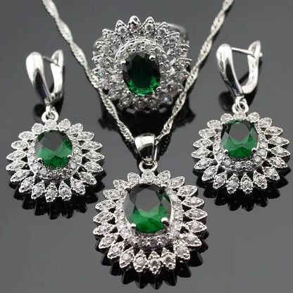 Flower Shaped 925 Silver Jewelry Sets Green Zircon Necklace Pendant Drop Earrings Ring For Women  Dating Gift