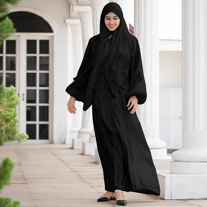 Women Silk Muslim Dresses Abaya with Hijabs Scarf Open Front Cardigan Maxi Dress Dubai Robe Islamic Middle East Ethnic Dress