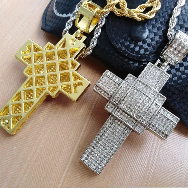 Fashion Mens Silver / Gold Christian Cross Pendants Stainless Steel Vintage Byzantine Chain