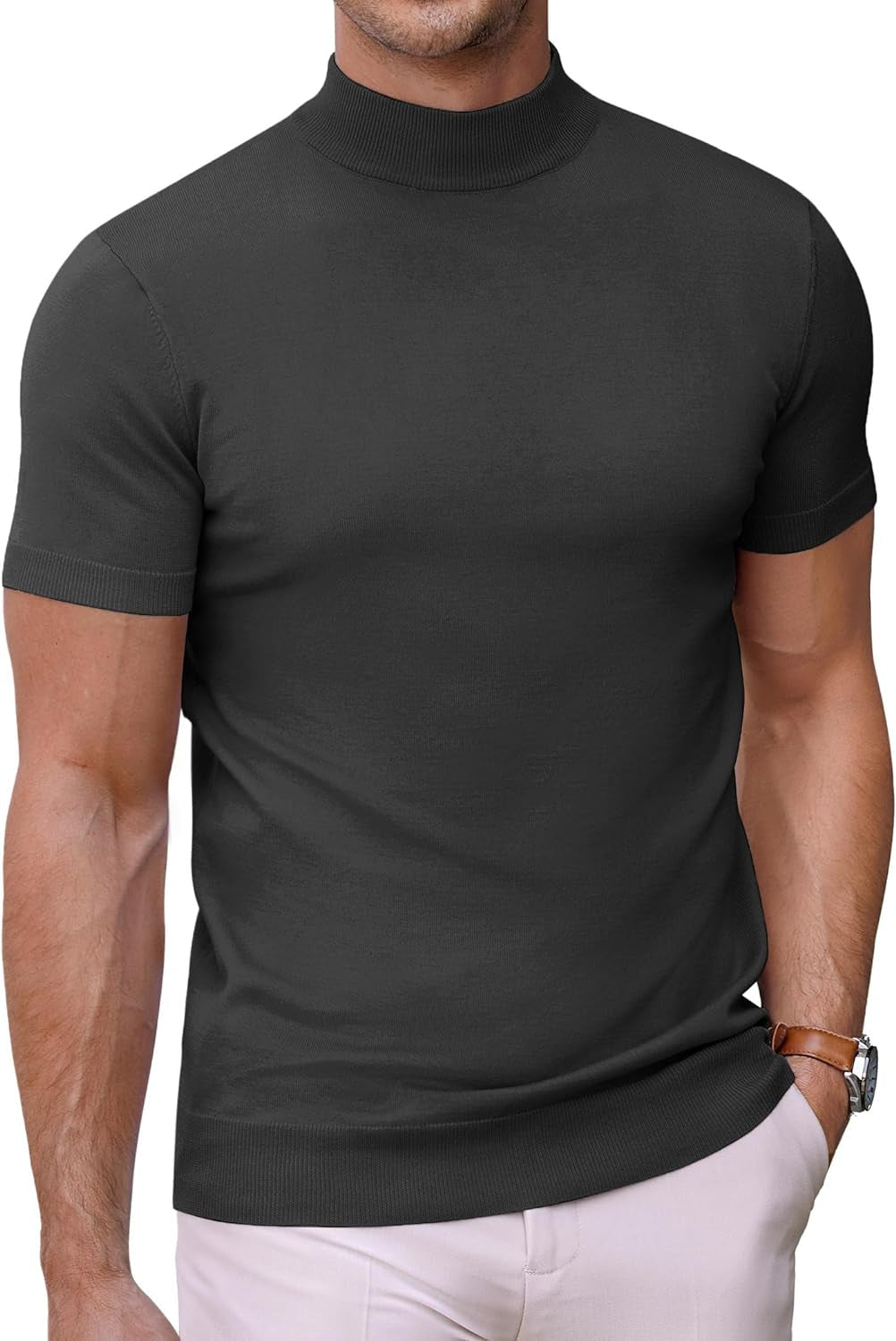 Mens Mock Turtleneck Sweater Short Sleeve Solid Color T-Shirts Basic Slim Fit Knitted Pullover Tees