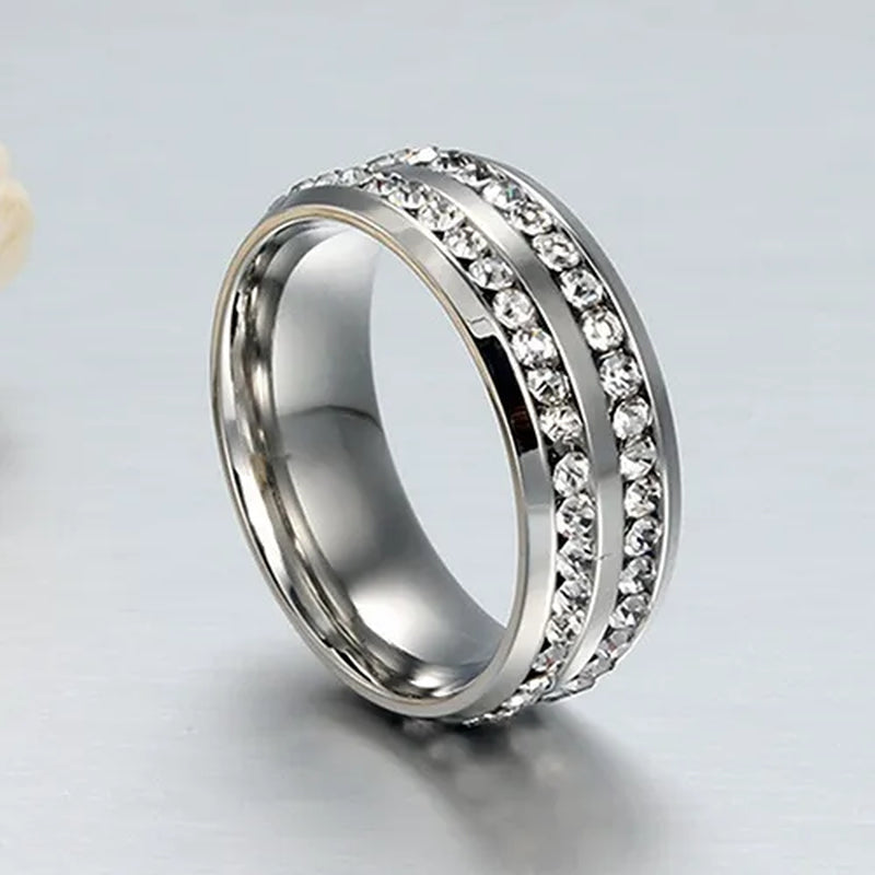 Womens Men's Fashion Double Rows Crystal gold silver black Titanium Steel Wedding Jewelry Ring 6-11