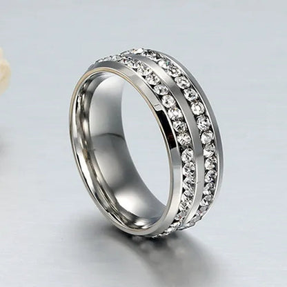 Womens Men's Fashion Double Rows Crystal gold silver black Titanium Steel Wedding Jewelry Ring 6-11