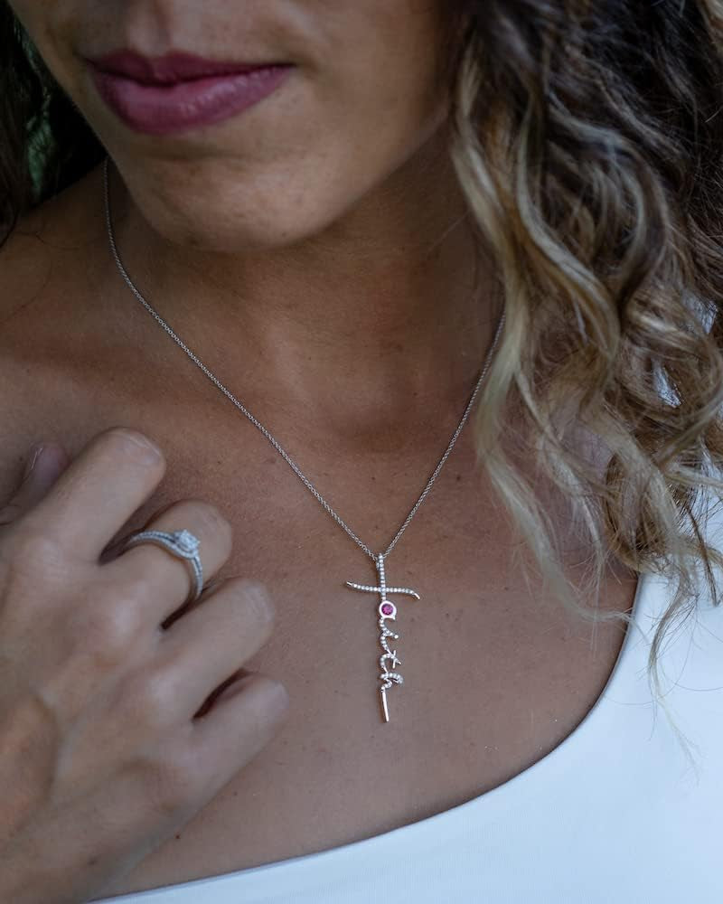 Cross Pendant Necklace in Sterling Silver with Created Ruby - 18 Inch Chain