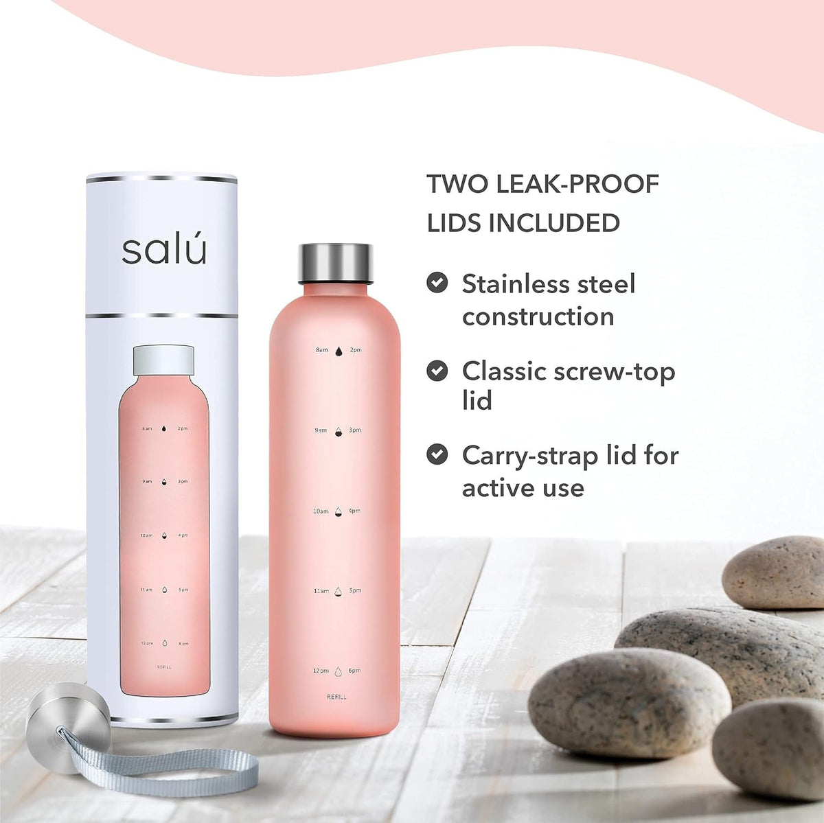 32 Oz Tritan/Bpa-Free Water Bottle W/Time Marker, Pink, Motivational Measurements W/Time & Volume, Frosted Plastic, EXTRA Lid for Gym, Sports, Travel, Fitness, or Work