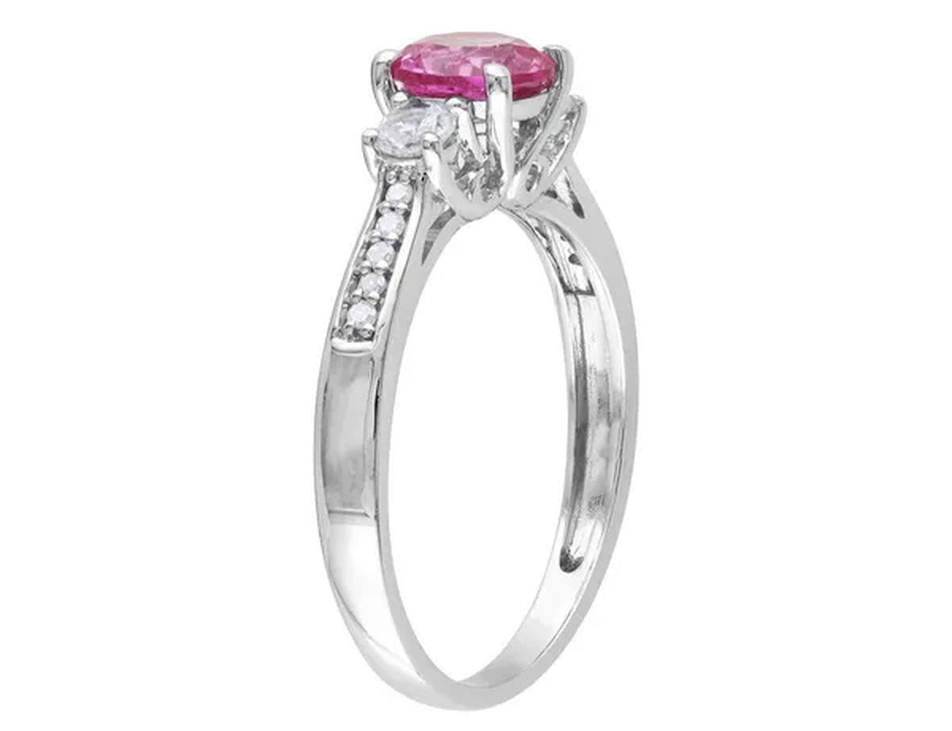 Created Pink and White Sapphire Three Stone Ring with Diamonds 1.40 Carat (ctw) in 10k White Gold