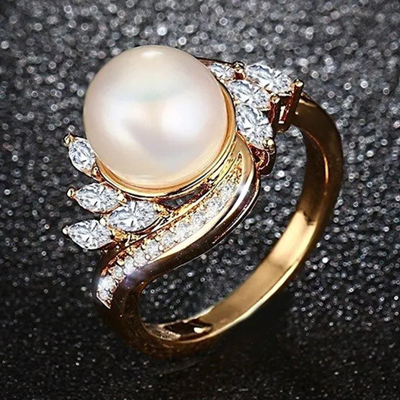 Gold Womens Girls Band Ring for Wedding Promise Engagement Copper Cubic Zirconia Freshwater Cultured Pearl Ring Size 5-12