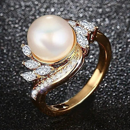 Gold Womens Girls Band Ring for Wedding Promise Engagement Copper Cubic Zirconia Freshwater Cultured Pearl Ring Size 5-12