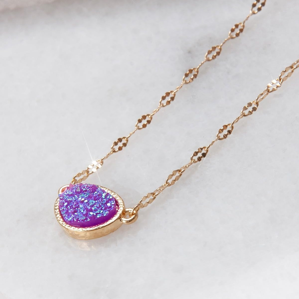 Humble Chic Simulated Druzy Pendant Necklace for Women with Sparkly Oval Stone - Gold, Silver, or Rose Gold Tone Chain - 16" with 3" Extender