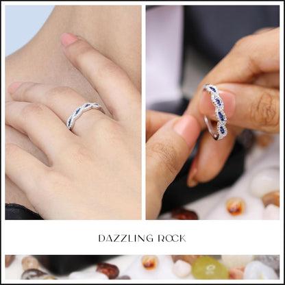 round Blue Sapphire & White Diamond Crisscross Stackable Wedding Band for Women in 925 Sterling Silver
