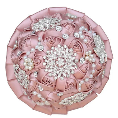 20CM Mixed Color Silk Ribbon Rose Wedding Flower Bouquet Luxury Pearl Crystal Brooch Bridal Bouquet Handmade Creative Bridesmaid Holding Flowers